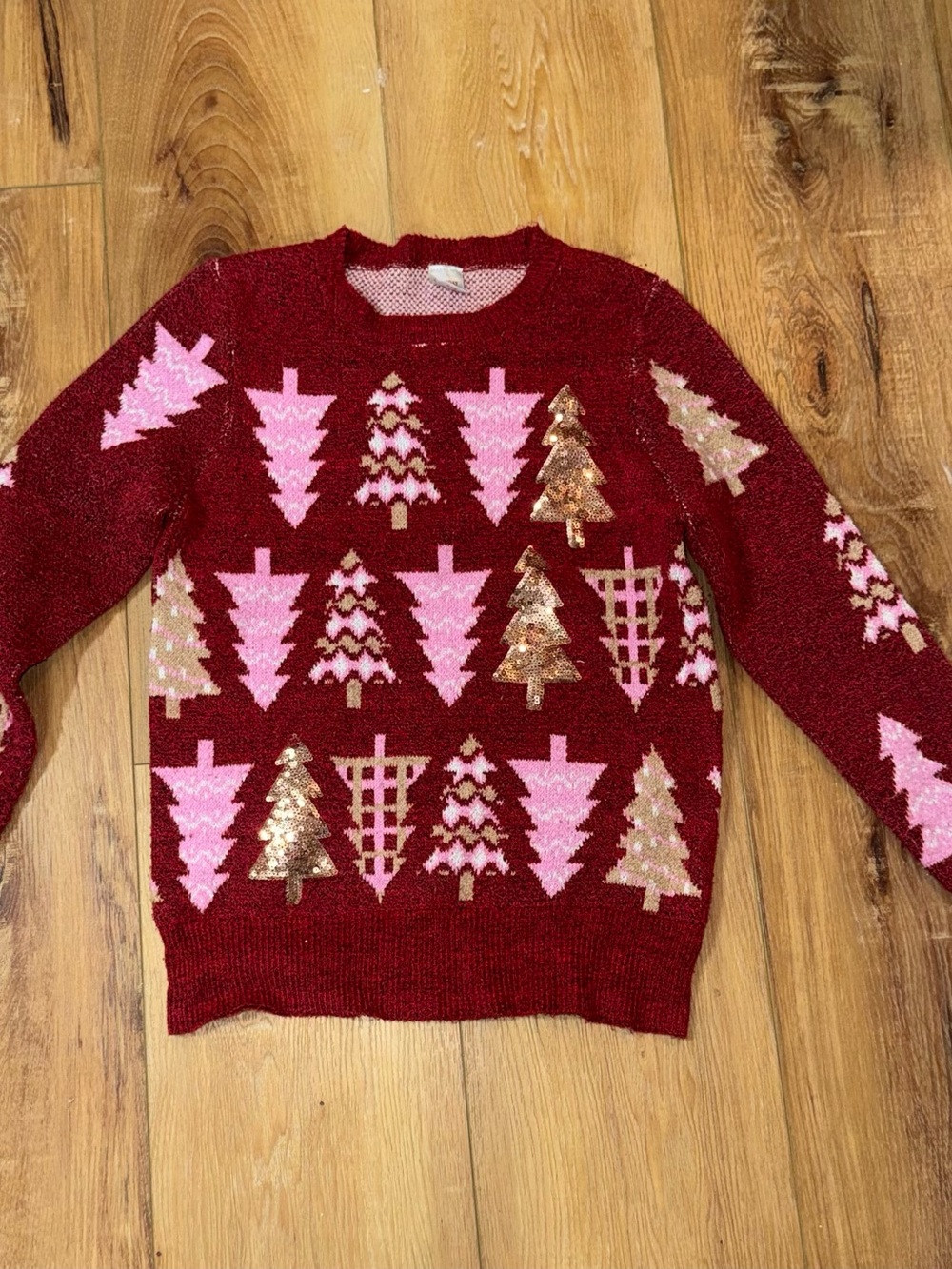 Holiday Time Red Sequin Tree Pattern Crew Neck Sweater